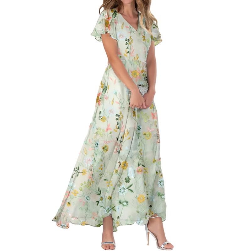 Summer long dress V-neck short-sleeved printed chiffon dress elegant temperament