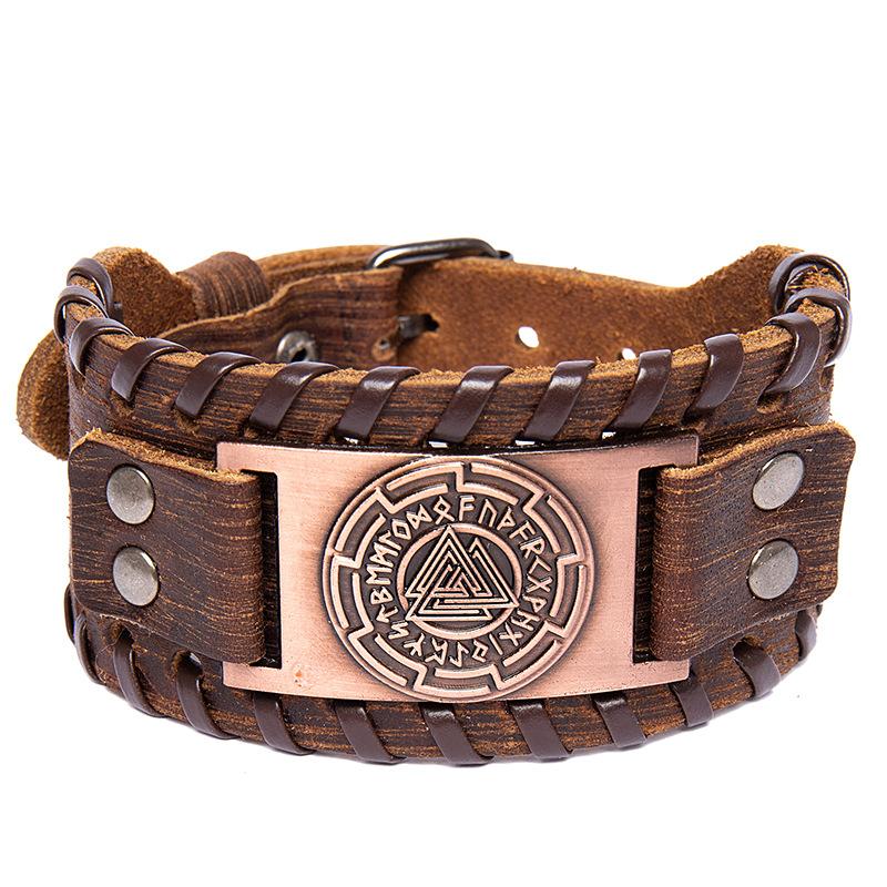 Trendy Totem Design Triangular Viking Rune Bracelet Men's Bracelet Genuine Leather Nordic Viking Accessories Jewelry Wholesale