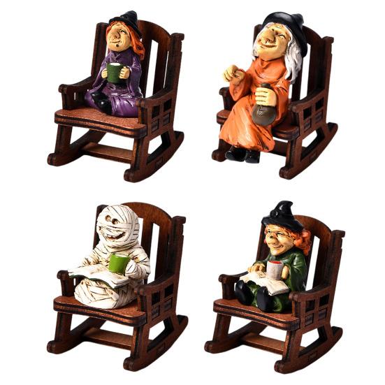 Halloweenská čarodějnice figurka pryskyřice miniatura socha ponurého žence čarodějnice duch v houpacím křesle gotická dekorace na stůl polici