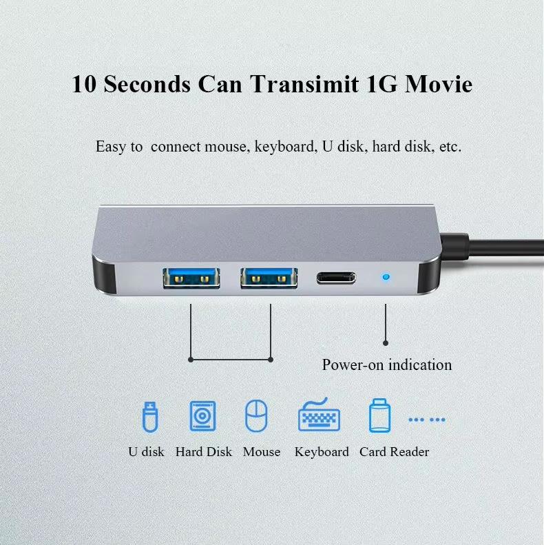 USB Hub 4 Ports Adapter Multiple USB 3.0 Hub USB Splitter for Laptop with Type C Power Port for MacBook