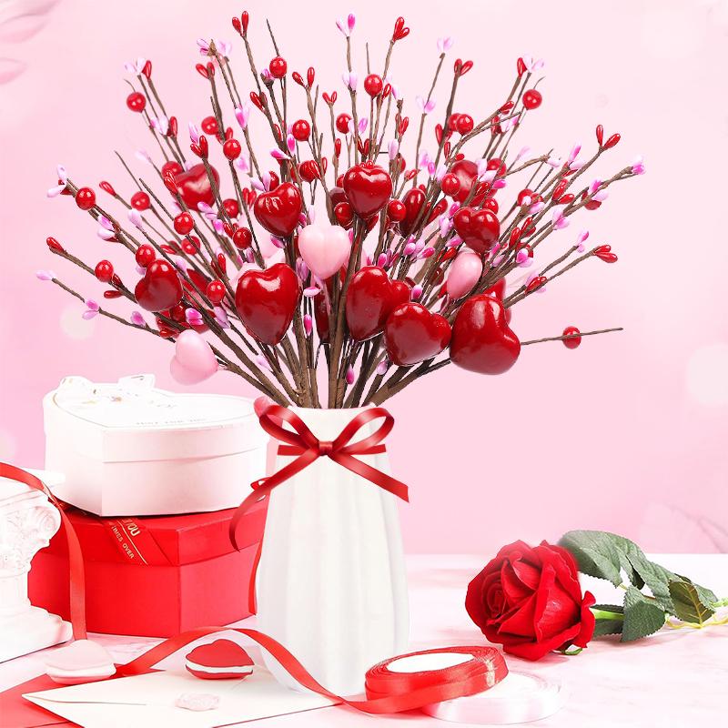 1/3pcs Valentines Day Gift Artificial Heart Shaped Berry Picks Flower Stem Branches Wedding Party Home Table Decoration Supplies
