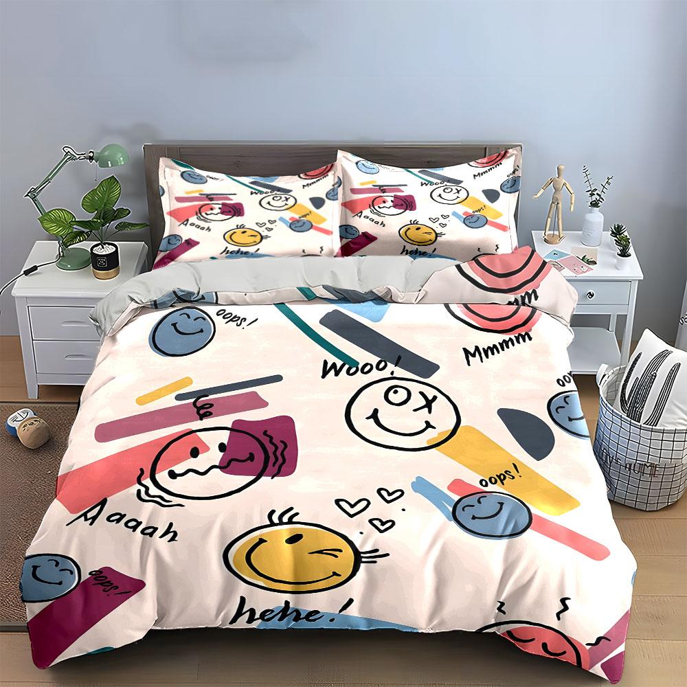 Smiley Faces and Fun Text Bedding Duvet Cover Set  (1*Duvet Cover 2*Pillowcases, Without Duvet Insert)