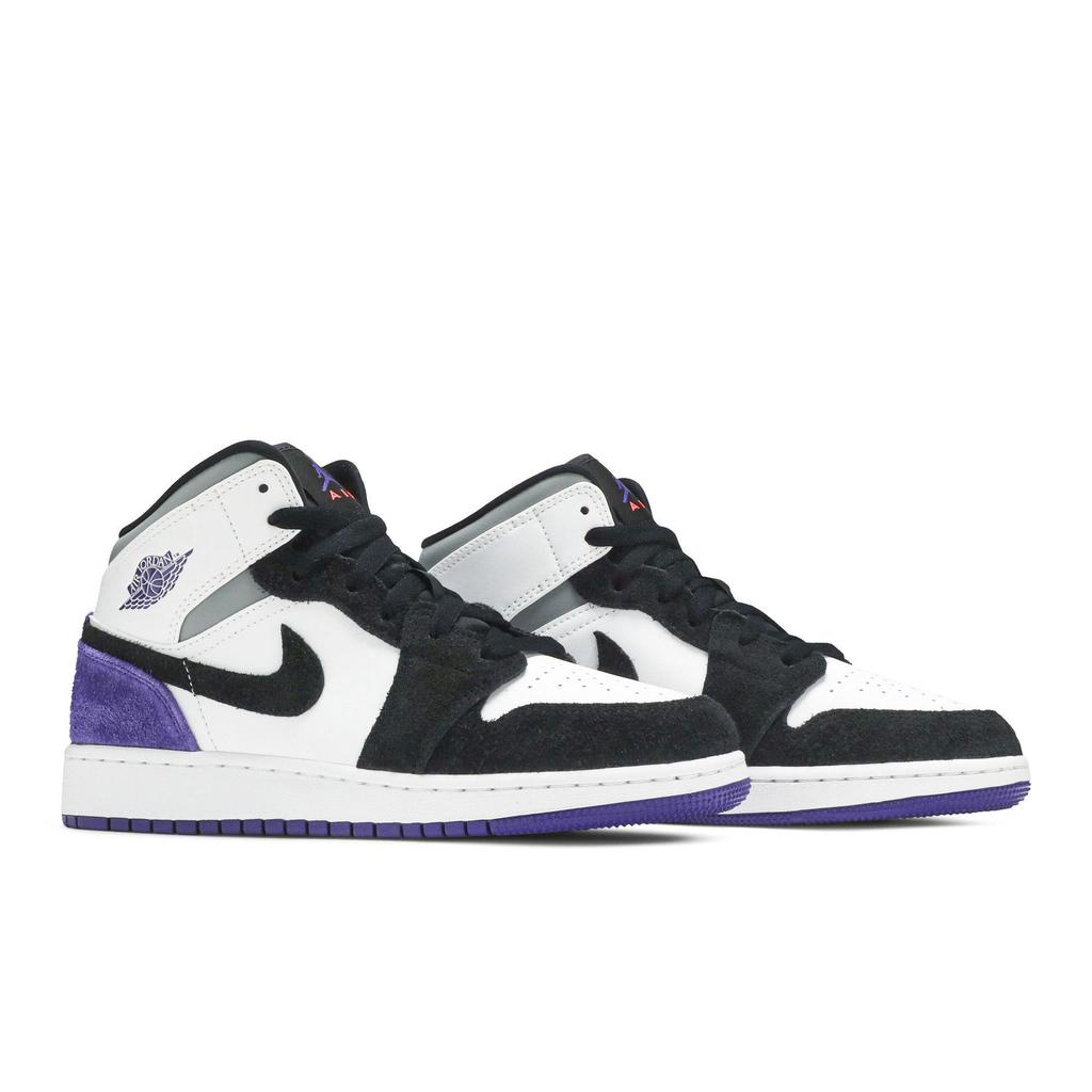 Air Jordan 1 Mid SE Grade School 'Varsity Purple' (Unisex) White / Black / Light Solar Flare Heather / Varsity Purple Kids' Basketball Shoes