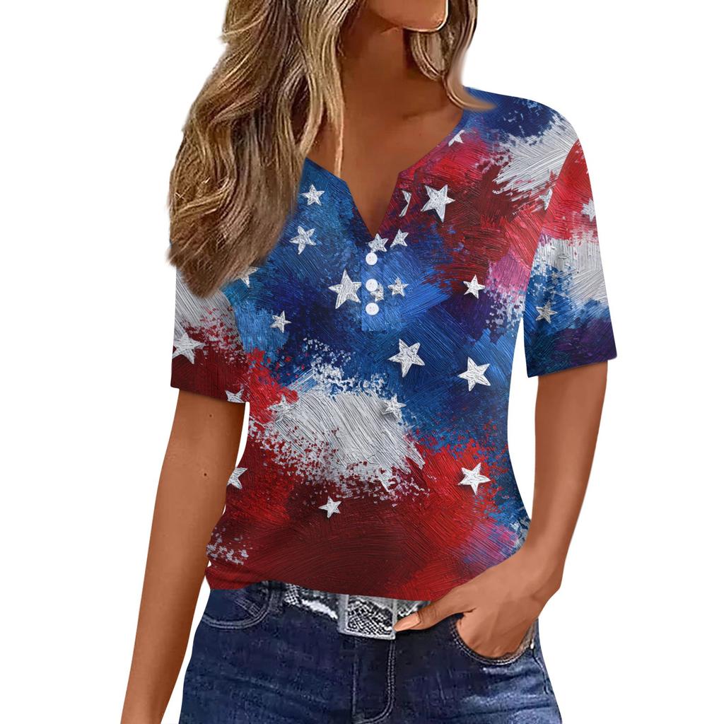 Women's T Shirt Independence Day Print Button Short Sleeve Daily Weekend Fashion Basic V- Neck Regular Top