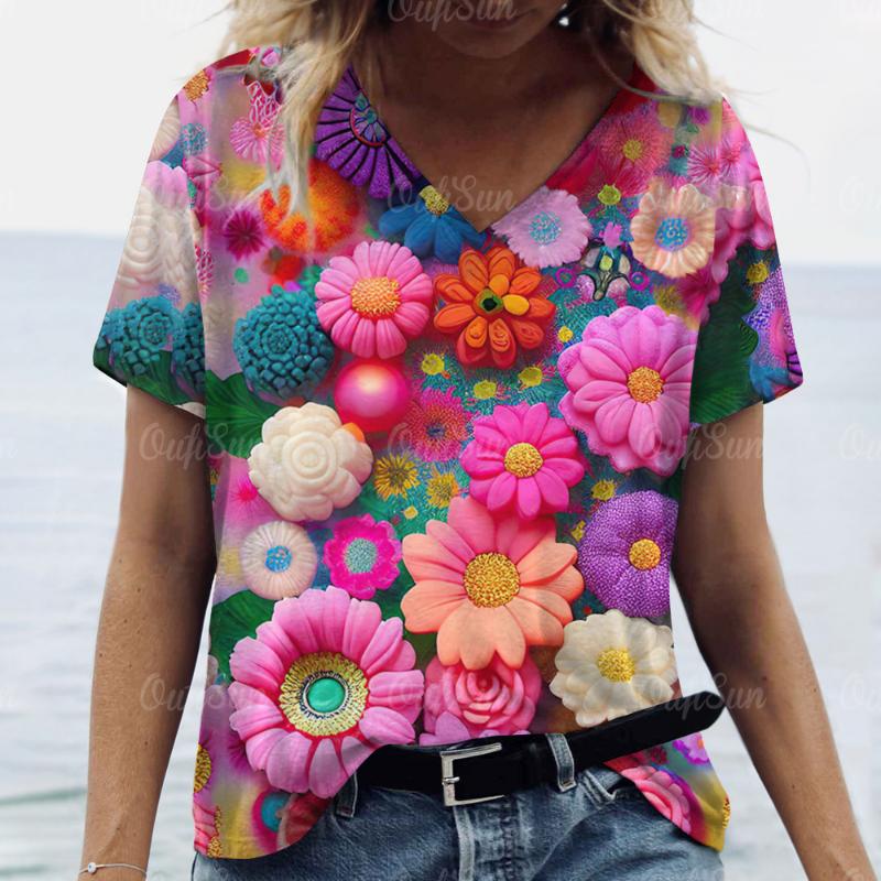 2025 Women T shirt Summer 3D Floral T-Shirt Plus Size Women's Clothing Oversized Designer Short Sleeve Shirt Women V Neck Blouse