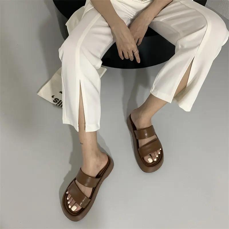 Fashion Slides with Heel House on Beach Outside Thick Women's Slippers and Ladies Sandals Open Toe Apricot Rubber Shoes Home Original G