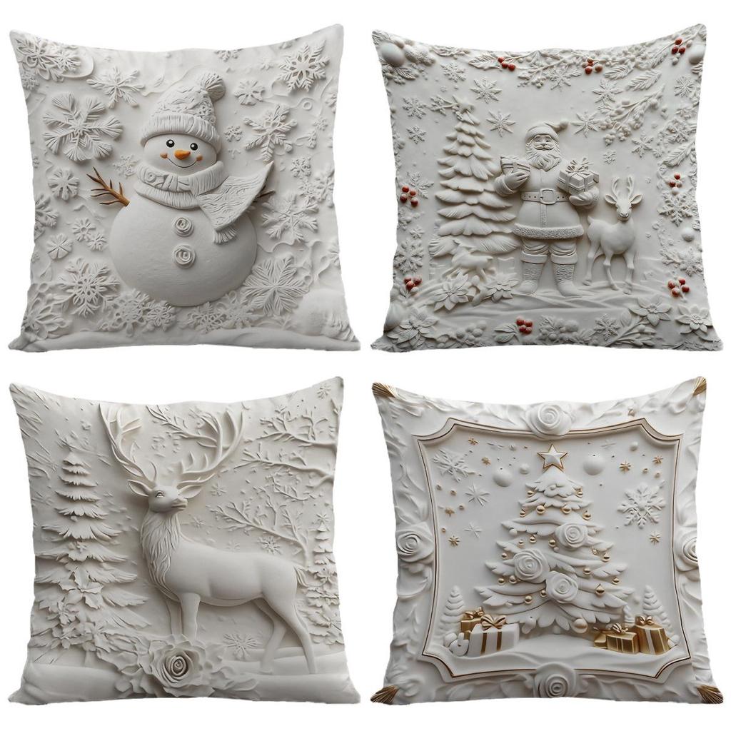4-teiliges weißes Weihnachtskissenbezug-Set: Muster mit Weihnachtsmann, Schneemann, Baum & Rentier für das Wohnzimmer-Sofa