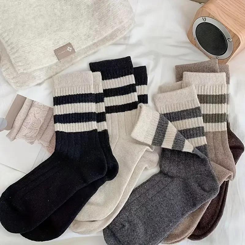 5 Pairs Of Socks For Women Including Mid Calf Socks Striped Forest Style Socks Retro Japanese Style Long Socks Four Season