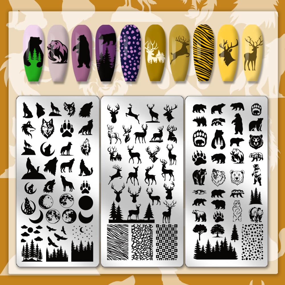 

PH PandaHall 3pcs Wild Animals Nail Stamping Plates Forest Nails Art Stencils Wolf Bear Nail Art Templates Deer Print Nails Stencils with Stamper and