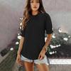 New Women's Solid Color Button Crew Neck Medium Sleeve Pleated Top