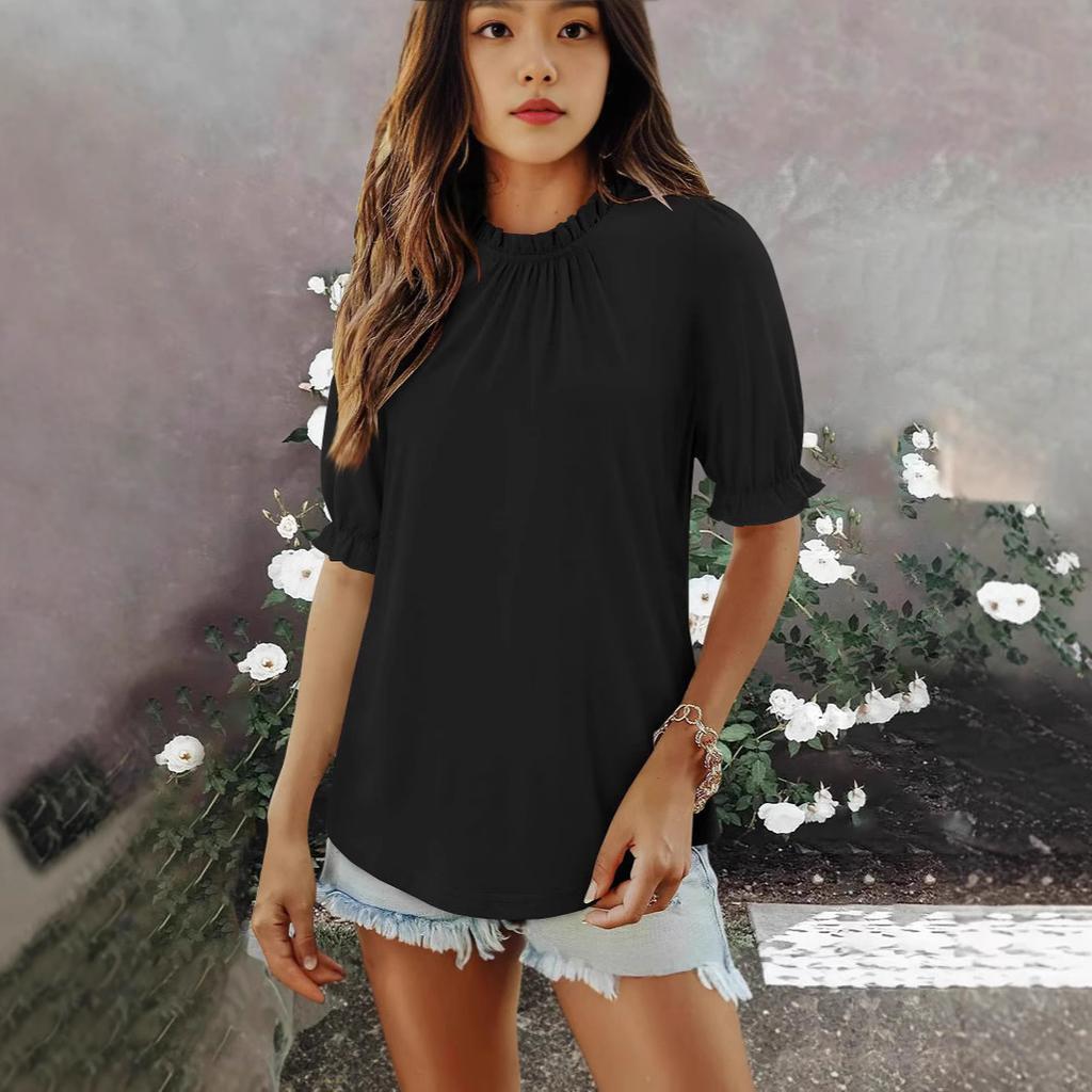 New Women's Solid Color Button Crew Neck Medium Sleeve Pleated Top