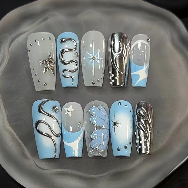 30-Piece European & American Style Press-On Nails, Rhinestones, Sparkling Contrast Colors, Long Square Tips.