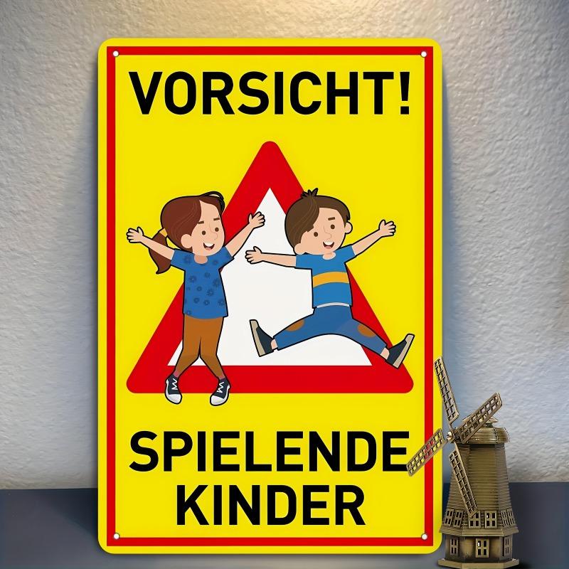 Tin Sign German Vorsicht Spielende Kinder Kids Warning Vintage Durable Metal Plaque Wall Decor Home Yard Driveway Road Wall A