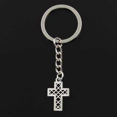 Fashion Hollow Grid Cross 24x16mm Pendant 30mm Key Ring Metal Chain Silver Color Men Car Holder Gift Souvenirs Keychain