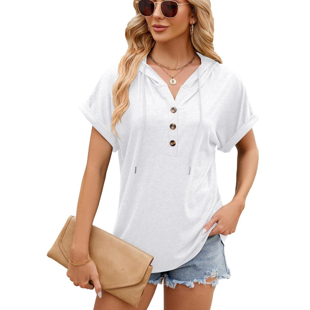 2026 Solid Color Hooded Button Loose Women's Short Sleeved T-shirt Top