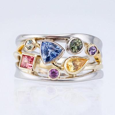 Cao Shi Multicolor Geometric Zircon-Inlaid Wavy Ladies Ring