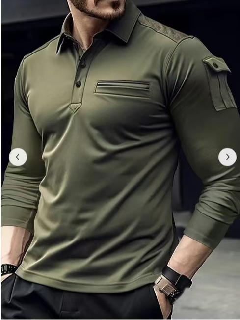 European American Style Men's Spring Autumn Top Long Sleeve Polo Shirt Arm Pocket Epaulet Sports T-shirt