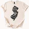 New Jersey State Graphic T Shirt with Outline Map Lighthouse Deer Nature Trees and Banjo Unique New Jersey Gift Shirt 1787 Established