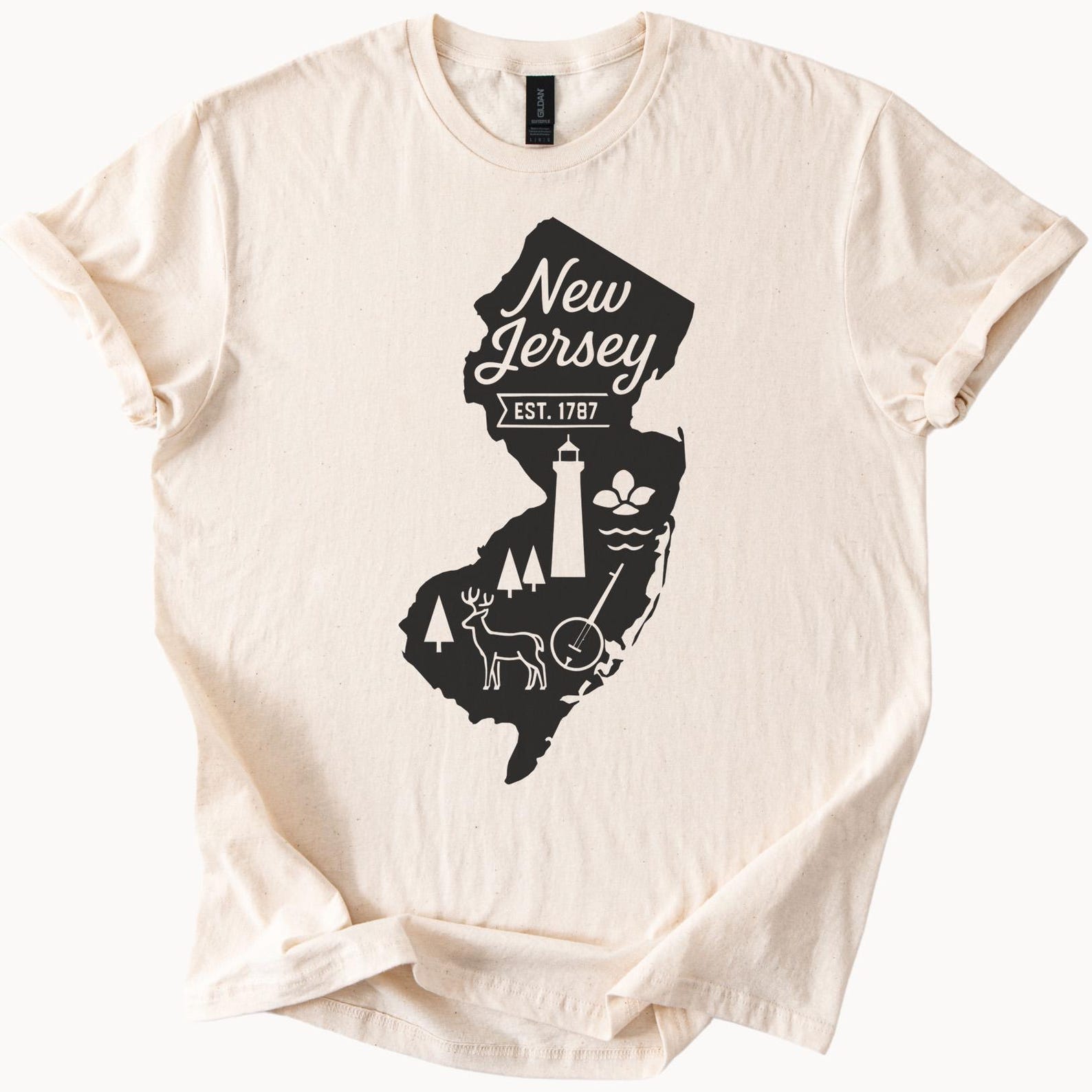 New Jersey State Graphic T Shirt with Outline Map Lighthouse Deer Nature Trees and Banjo Unique New Jersey Gift Shirt 1787 Established 130