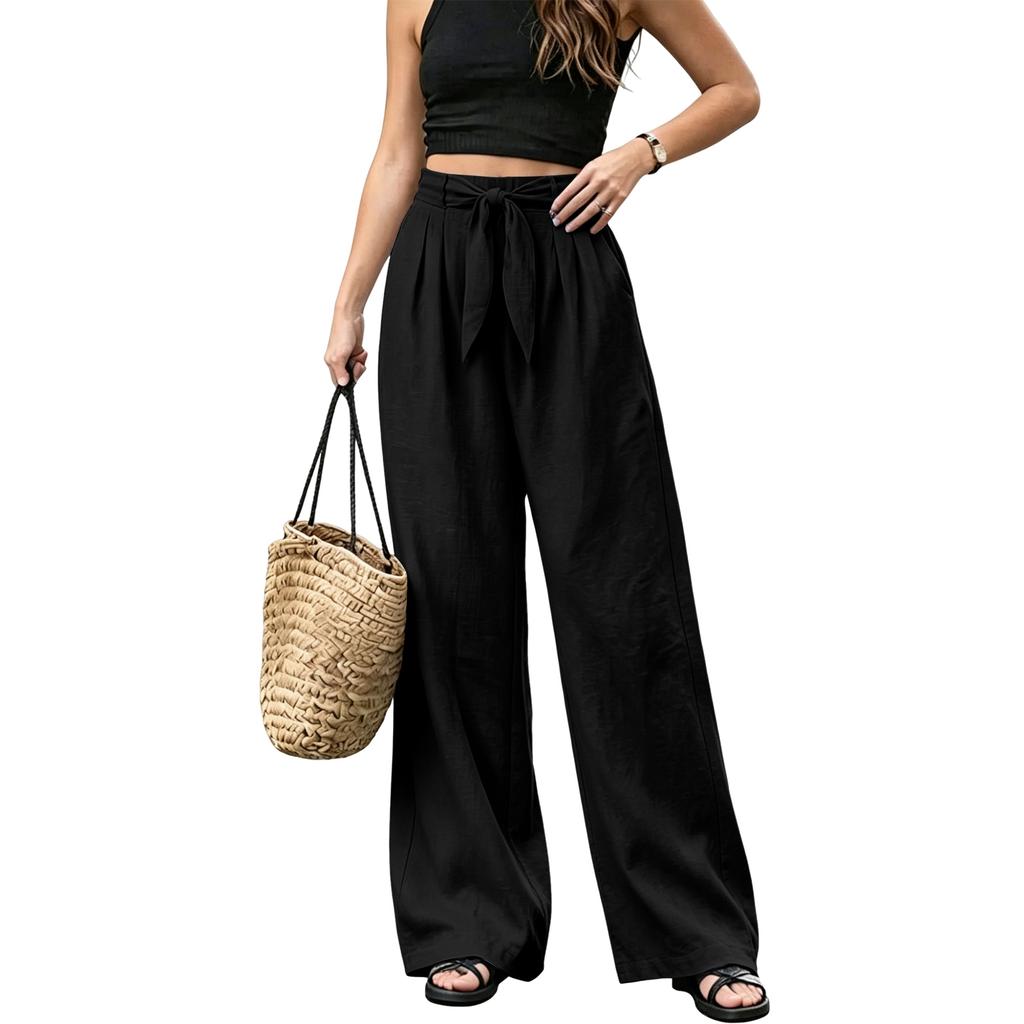 Women's Wide Leg Pants with Bowknot Belt Loose Fit Color Casual Trousers