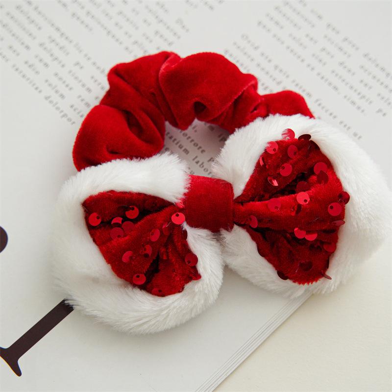 Sparkling Red Sequin Bow Hair Ties Spring Clip With Plush White Trim Cute & Sweet Velvet Scrunchies For Women And Girls Perfect Christmas Gift