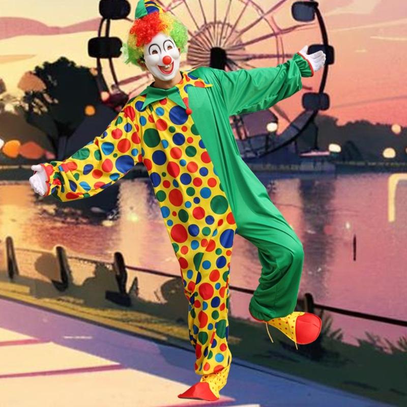 2Pieces Adult Clown Costume with Clown Hat and Clown Jumpsuits for Cosplay Halloween Party Stage Performances