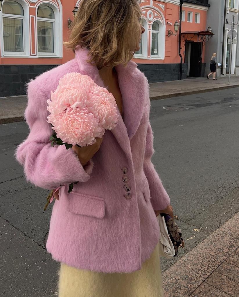 2024 Rose Pink Long-Haired Suit Jacket: European American Women's Street Fashion