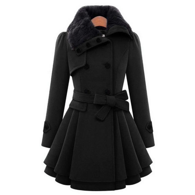 Winter Long Wool Coats Women Streetwear Double Breasted Collar Woolen Collar Lace Up Pleated Ruffle Jackets
