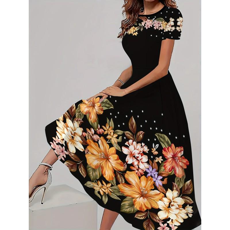 Womens Loose Fit Cotton Print Short Sleeve Round Neck Midi Dress Casual Wear