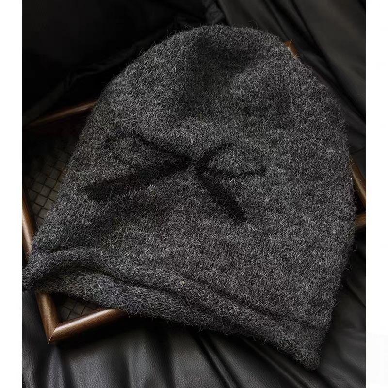 Bow Black Stack Hat Women's Autumn and Winter Warm Knitted Pullover Cold Hat Retro Big Head Circumference Showing Face Small Bag Head Hat