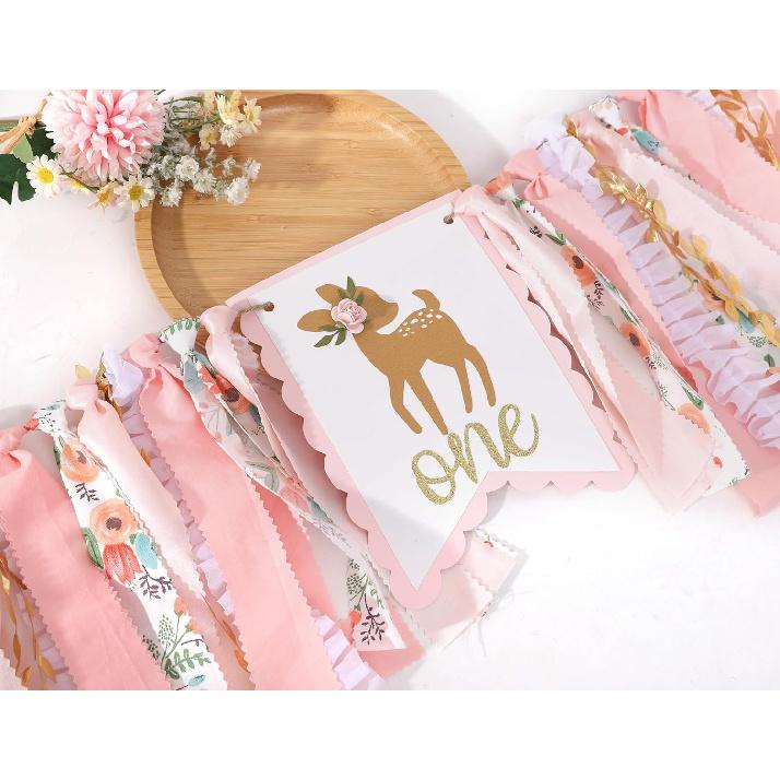 Deer Floral Girl High Chair Banner - Little Miss One-Deerful Highchair Banner, Woodland 1st Birthday Decoration for Girls, Deer Girl Floral 1st
