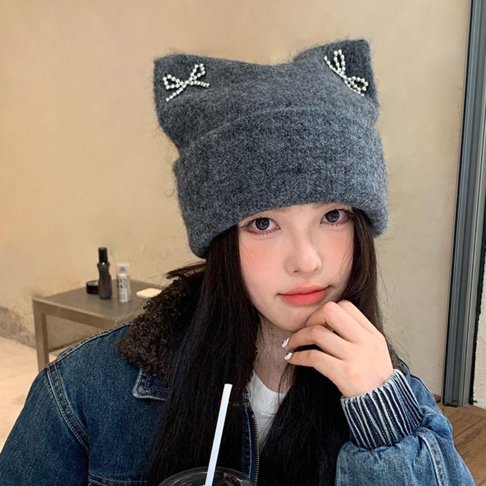Sweet Cool Knitted Pullover Hat Bow Winter Wool Hat Keep Warm Cat Ears Beanie Hat  Girls