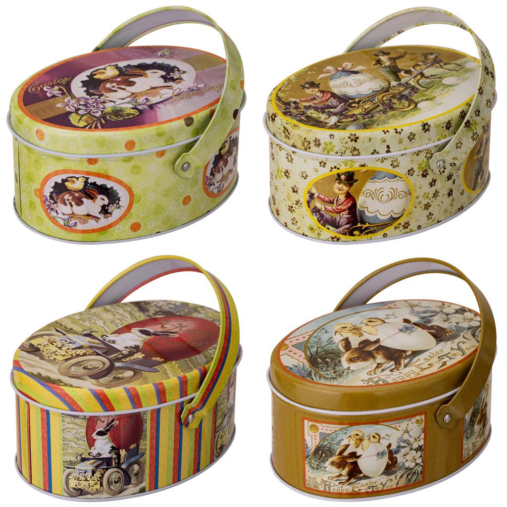 Oval Whimsical Easter Handheld Iron Box With Cheerful Rabbit And Egg Pattern Ideal For Childrens Gifts