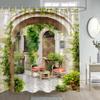 Italian Street View Shower Curtain Vintage Town Arch Floral Plant European Style Scenery Home Bathroom Curtains Decor with Hooks