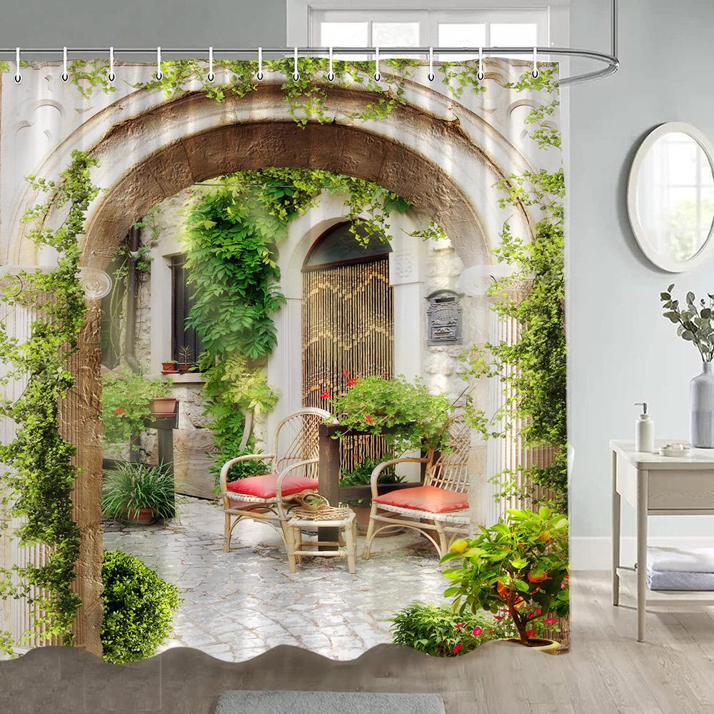 Italian Street View Shower Curtain Vintage Town Arch Floral Plant European Style Scenery Home Bathroom Curtains Decor with Hooks