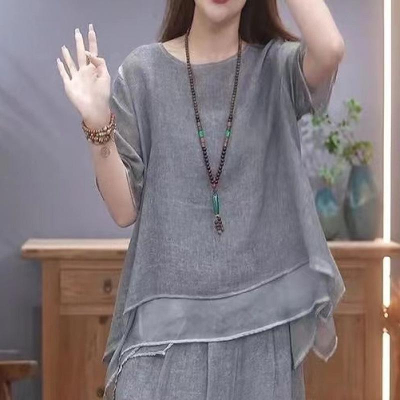 Retro Bavlněný Lněný Set Dámský Letní Volný Zeštíhlující Zakrývající Břicho Dvoudílný Set Elegantní Styl Neformální Módní Trend