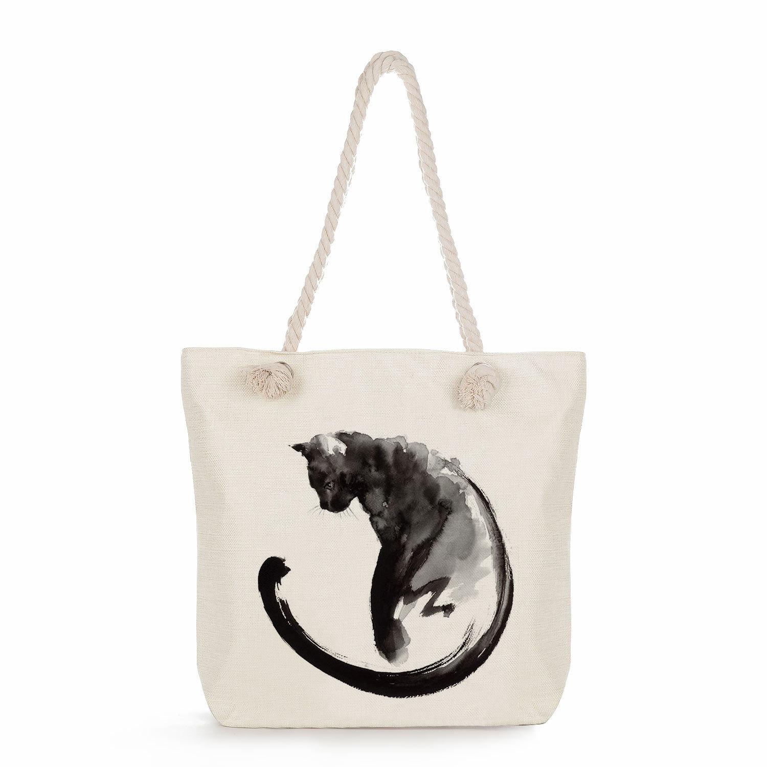 Ink painting cat print thick rope single-shoulder beach bag 7243