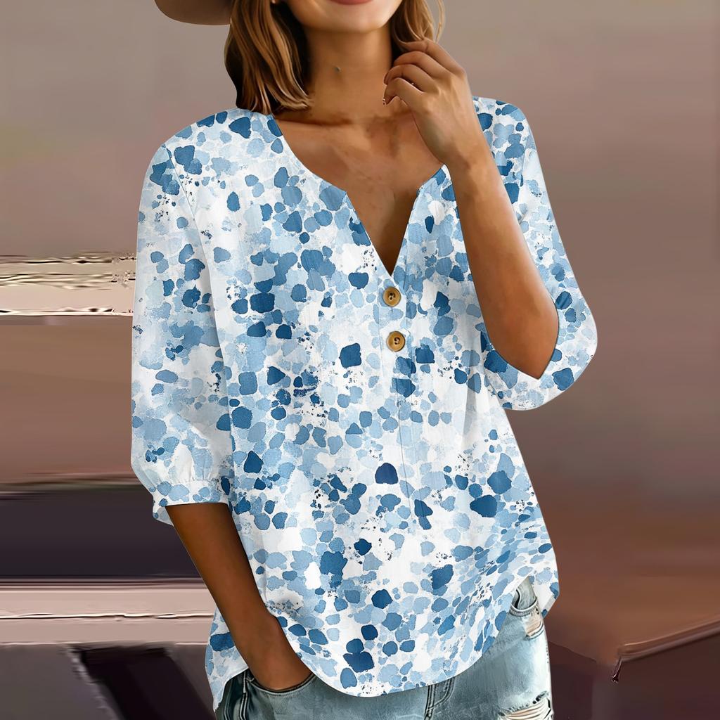 Women's Fashion Printed Henley Button Neck Shirt Three Quarter Sleeve Cotton Linen Blend Casual Top