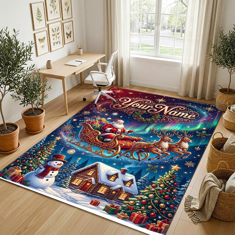 Christmas Theme Crystal Velvet Rug Personalized Custom Name Text Soft Floor Mat Home Decor