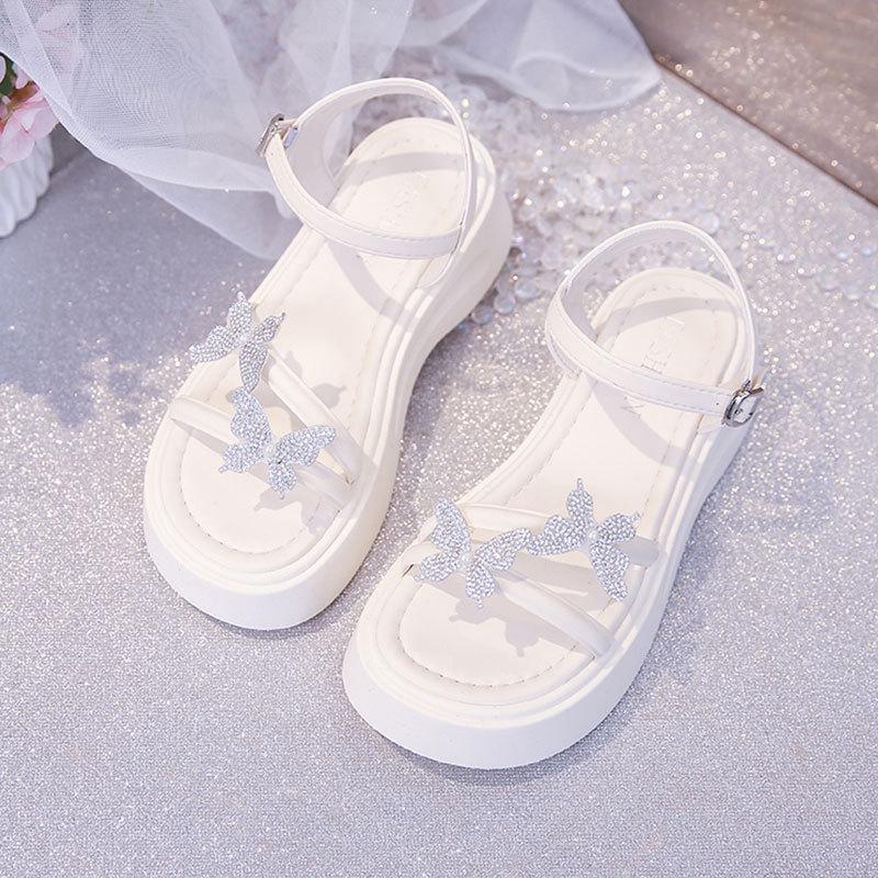 Muffin Thick-soled Heightening Cool Slippers Women's Summer Wear 2025 New Rhinestones with Skirts Beach Fairy Style Sandals