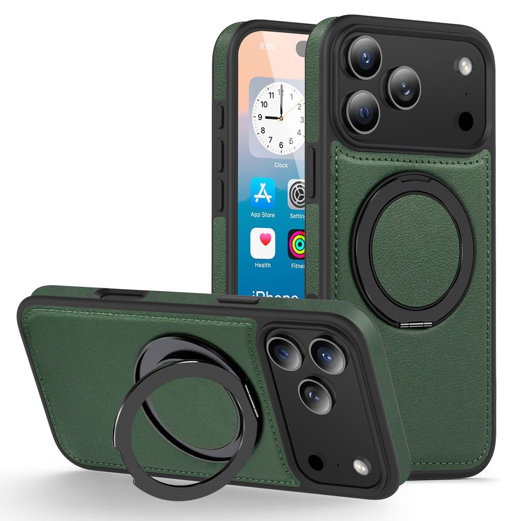 Leather 360 Ring Magnetic Holder Phone Case For iPhone 17Air 16 Plus 14 15 13 12 11 17Pro Max For Magsafe Wireless Charging Phone Cover