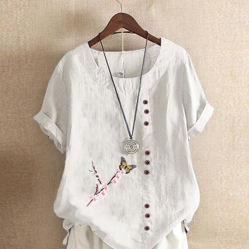 Women's Fashion Flowers Prined Short Sleeve T-shirt Loose Cotton Shirt Casual Loose Summer Blouse Tops Plus Size