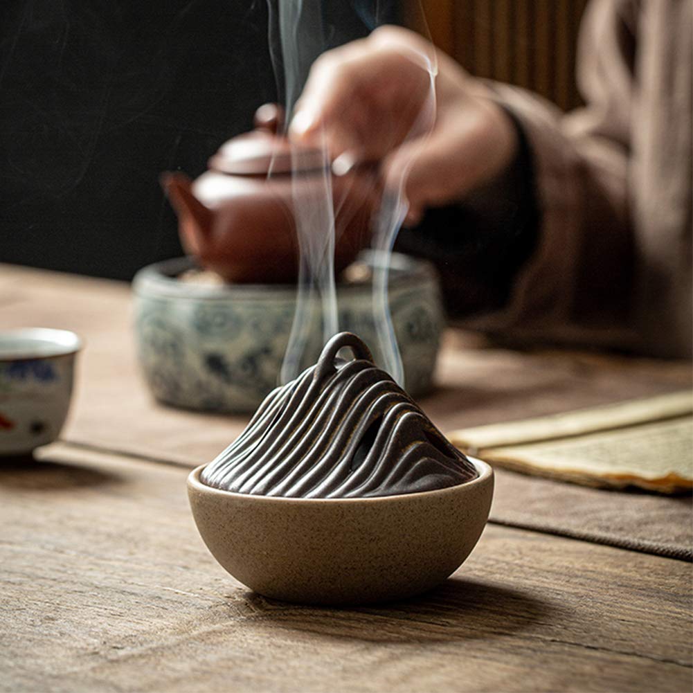 HIGHAWK Ceramic Incense Burner, Buddhist Altar Accessories, Spiral Incense Holder, Incense Cone Shape, Round Incense Burner with Lid, Mountain Peak