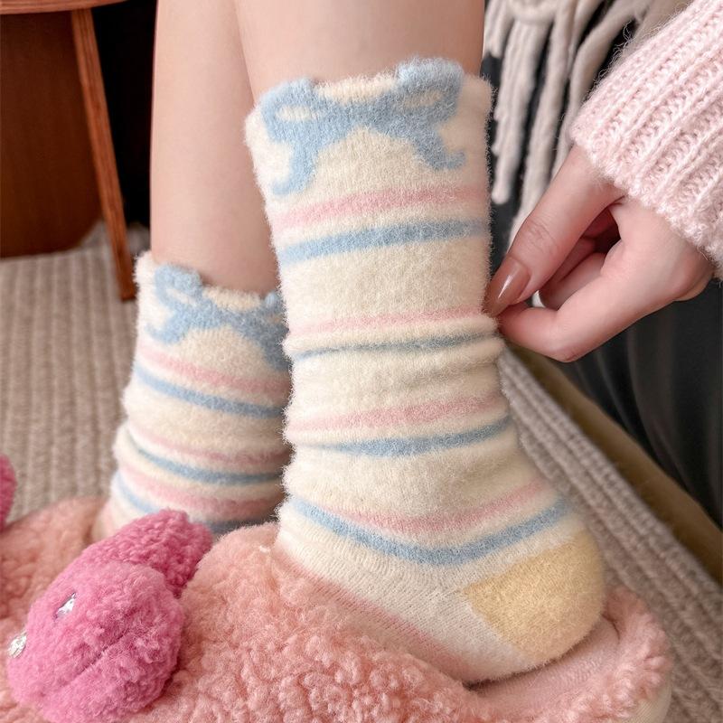Female Autumn Winter Thickened Warm Strawberry Cartoon Rabbit Bow Sleep Floor Mid Tube Socks