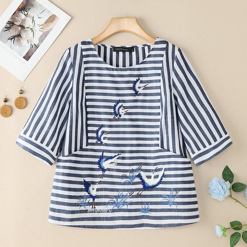 

ZANZEA Женская повседневная блузка с круглым вырезом, рукавом до локтя и принтом в полоску 5XL