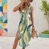 Women Plus Size Sleeveless U Neck Tropical Leaf Printed Dress High Side Slit Curved Hem