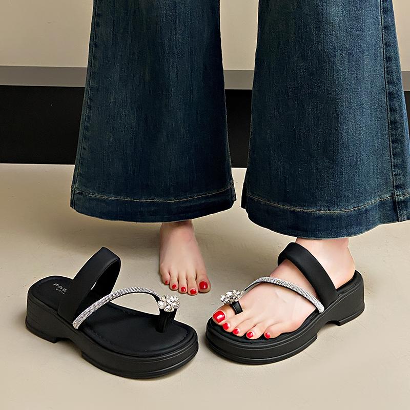 Fashion CRLAYDK Women's Flop Flops Sandals Soft Low Square Heel Casual Slippers Ladies Leather Dress Rhinestone Beach Slide Shoes