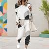 Women Plus Size Abstract Printed Round Neck Long Sleeve Cuffed Top And Pants Two Piece Set With Pockets