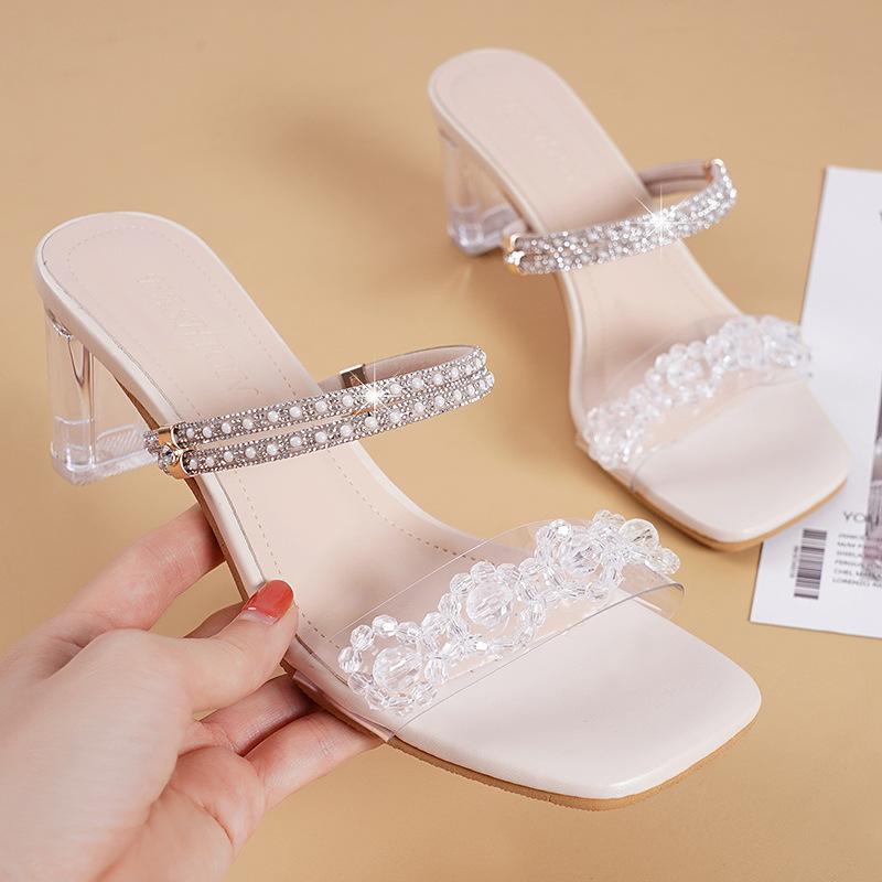 New Dadong Sandals Women's Summer Thick Heel Crystal Heel Two Wear Rhinestones Outside Fairy High Heel Cool Slippers