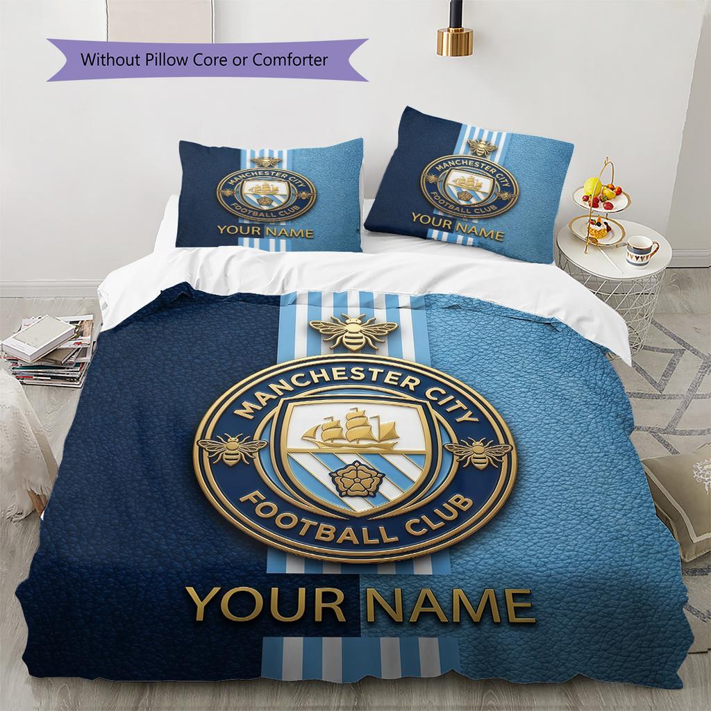 Custom Name Manchester City Pattern Bedding Quilt Set Home Decoration Gift (1 * duvet cover + 2 * pillowcase without core)